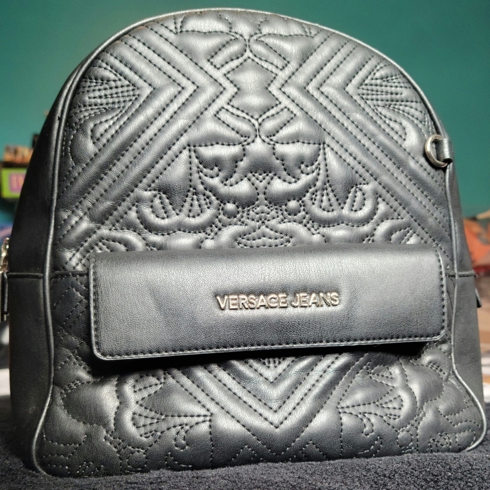 Versace Jeans Backpack Black with Silvertone Hardware Luxury Bag Authentic